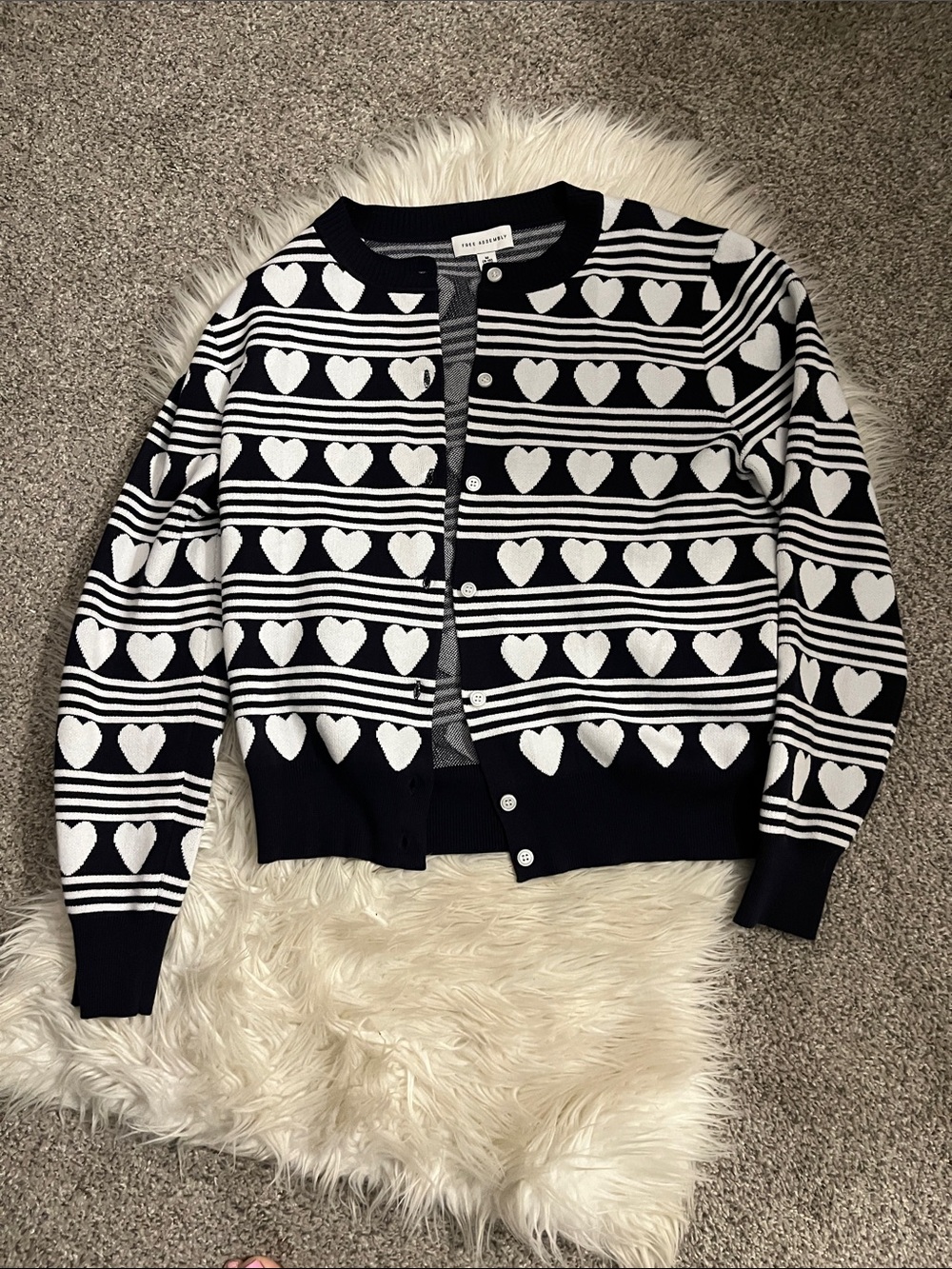 Black and White Heart-Striped Knit Cardigan Free Assembly